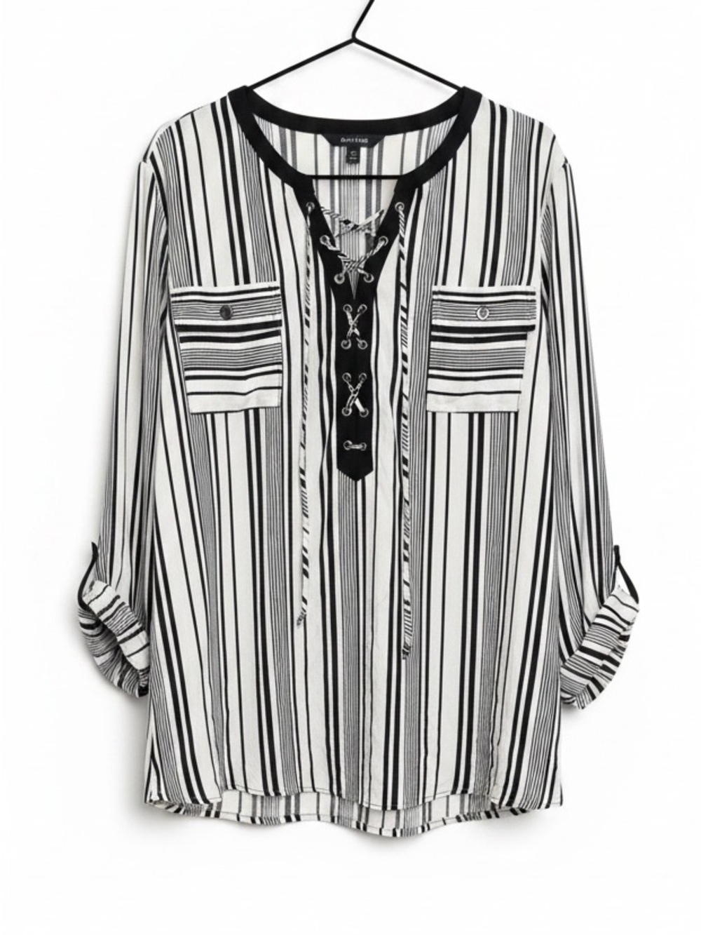 Nygard Black White Vertical Stripe Lace Up Front Blouse XL